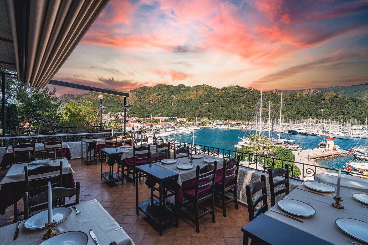 The terrace at Hilside above the Marmaris marina