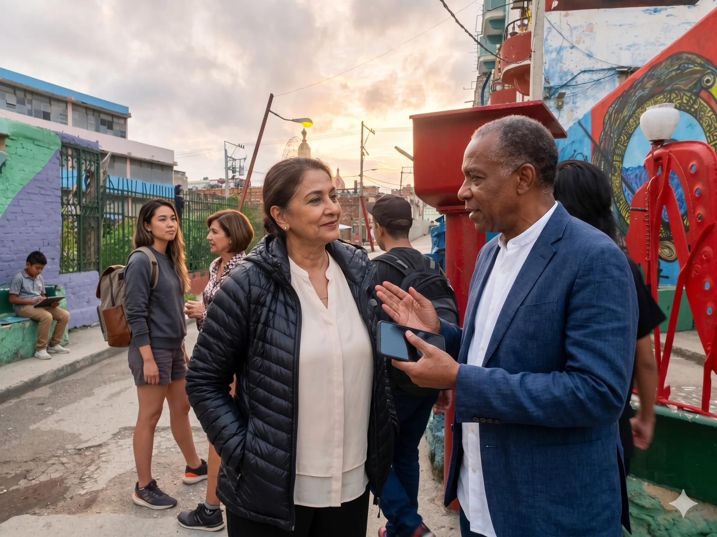 Two civic leaders in conversation in an urban street, with a younger leader observing in the background.