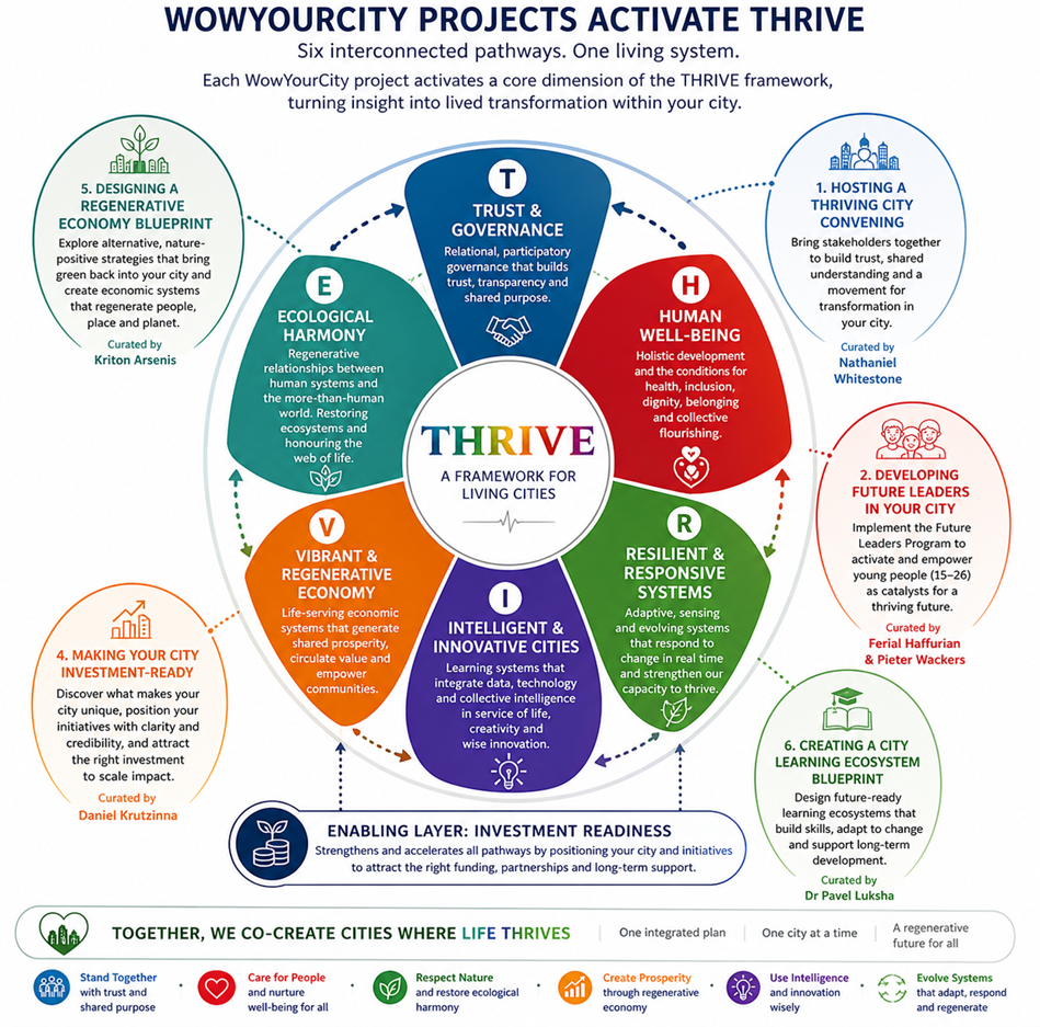 THRIVE framework diagram: six interconnected WowYourCity pathways activating Trust & Governance, Human Well-being, Resilient & Responsive Systems, Intelligent & Innovative Cities, Vibrant & Regenerative Economy, and Ecological Harmony